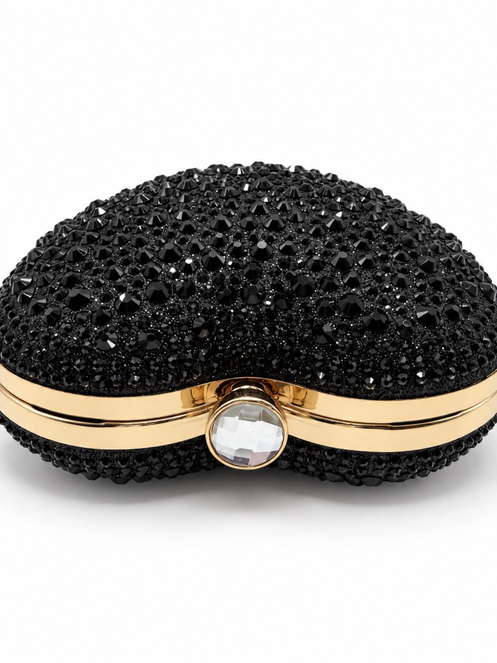 Black Crystal Heart Clutch Purse Gold Handle Formal Evening Bag Womens NEW - Picture 2 of 13